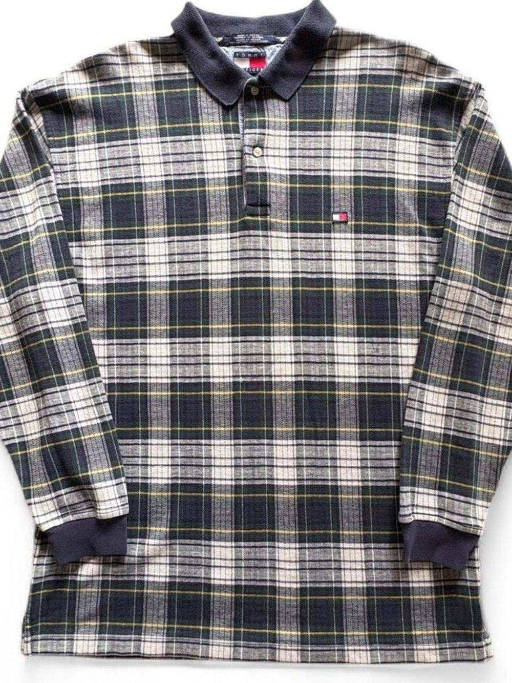 90s Tommy Hilfiger Men’s Long-Sleeve Plaid Polo - Navy, Blue, White VTG Sz Large